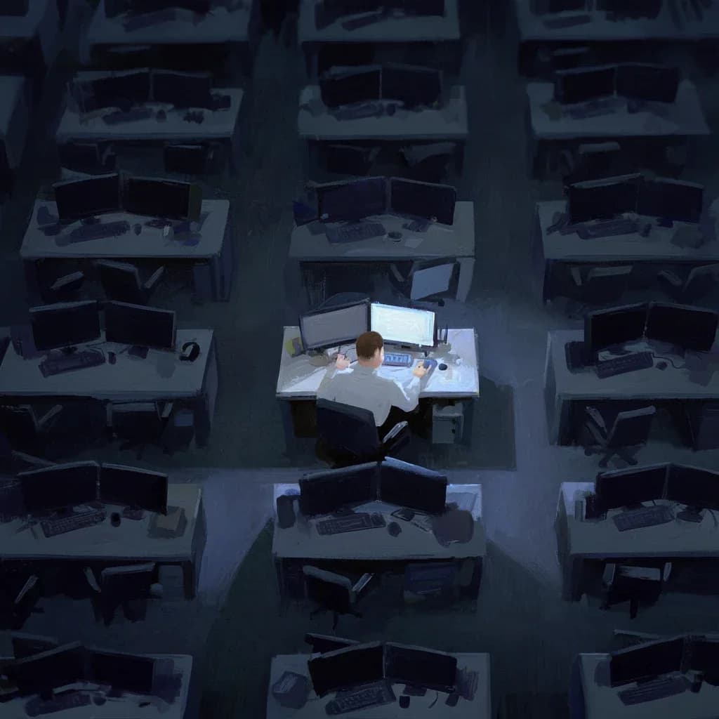 Concept art: a lone office worker at a glowing monitor sits amid rows of empty cubicles in a vast dark office, seen from above