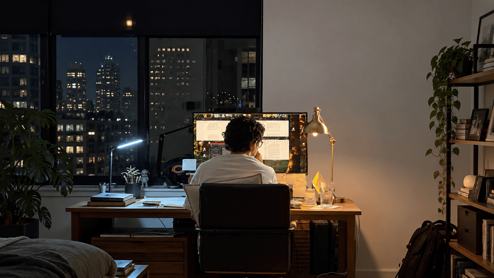 A person works late at a desk in a dim apartment, seen from behind, facing a wide monitor with a lit city skyline through the window beside them