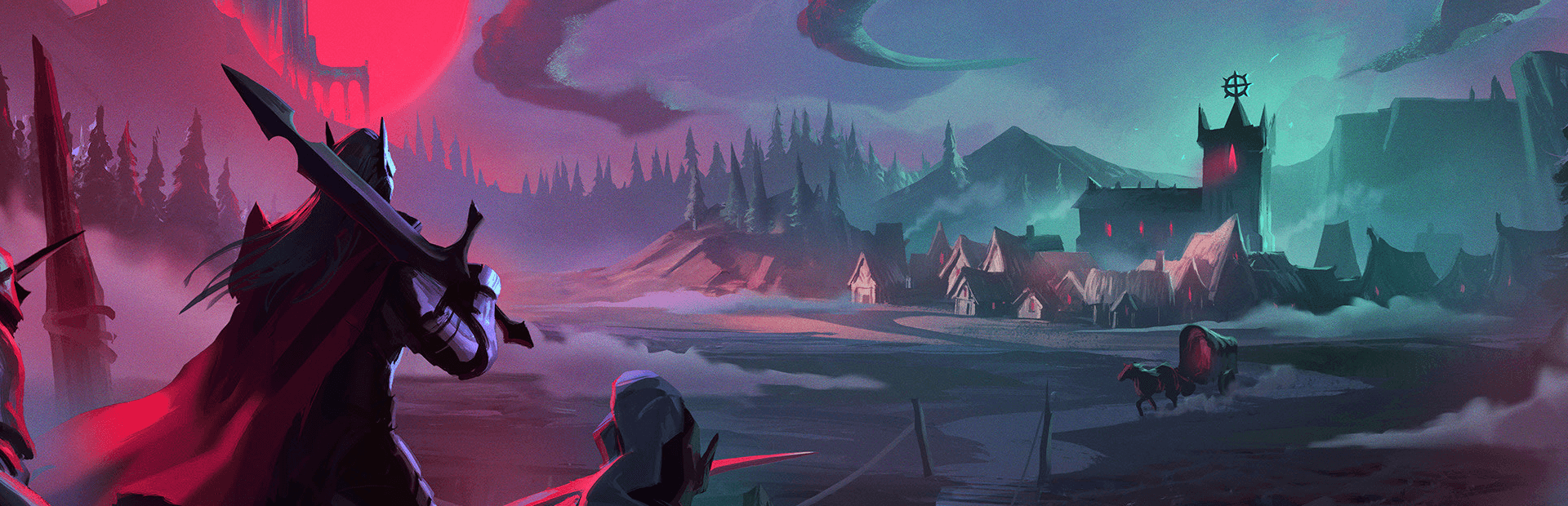 Concept art: a cloaked, sword-bearing figure surveys a foggy village from a hillside under a blood-red moon