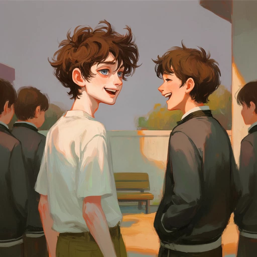 a laughing teenage boy in a white shirt turning to talk to a classmate in a school yard, uniformed students around them