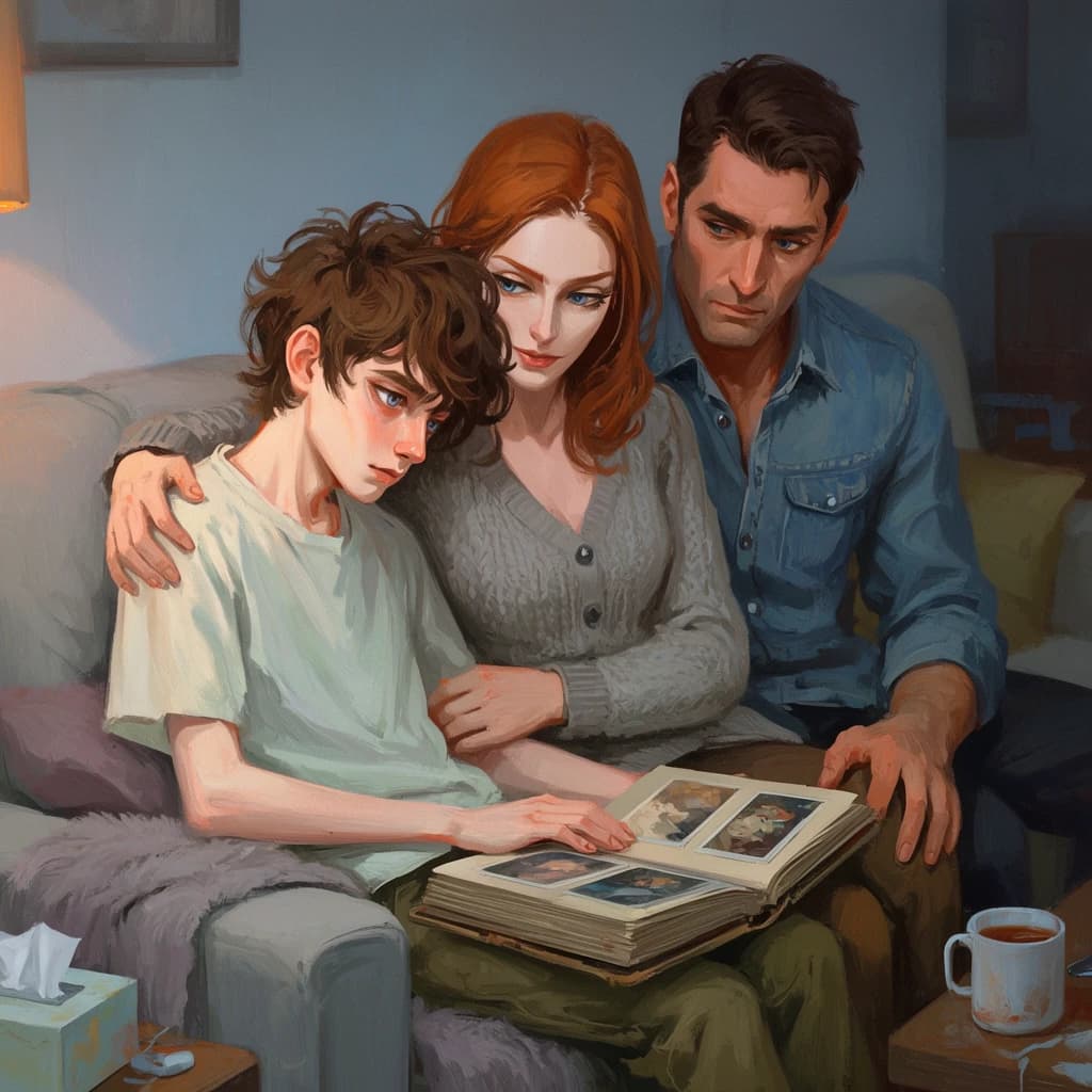 a teenage boy sitting between his mother and father on a sofa, the three of them looking at an open photo album