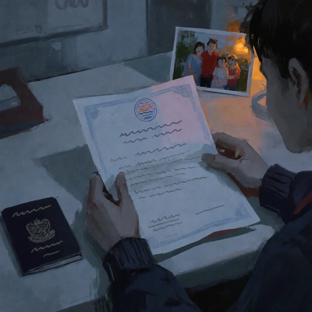a young man reading an official letter at a desk by lamplight, a passport and a framed family photograph beside him