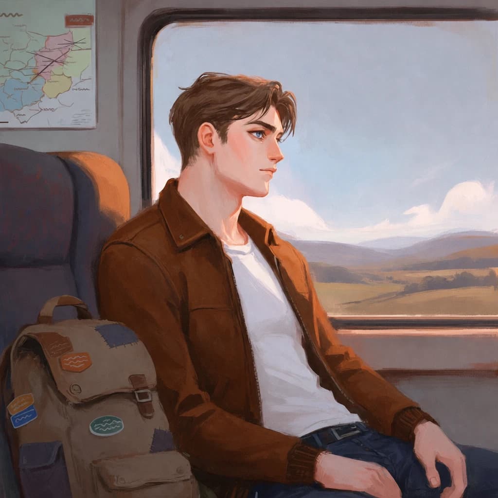 a young man in a brown jacket sitting by a train window with a rucksack on the seat, hills passing outside