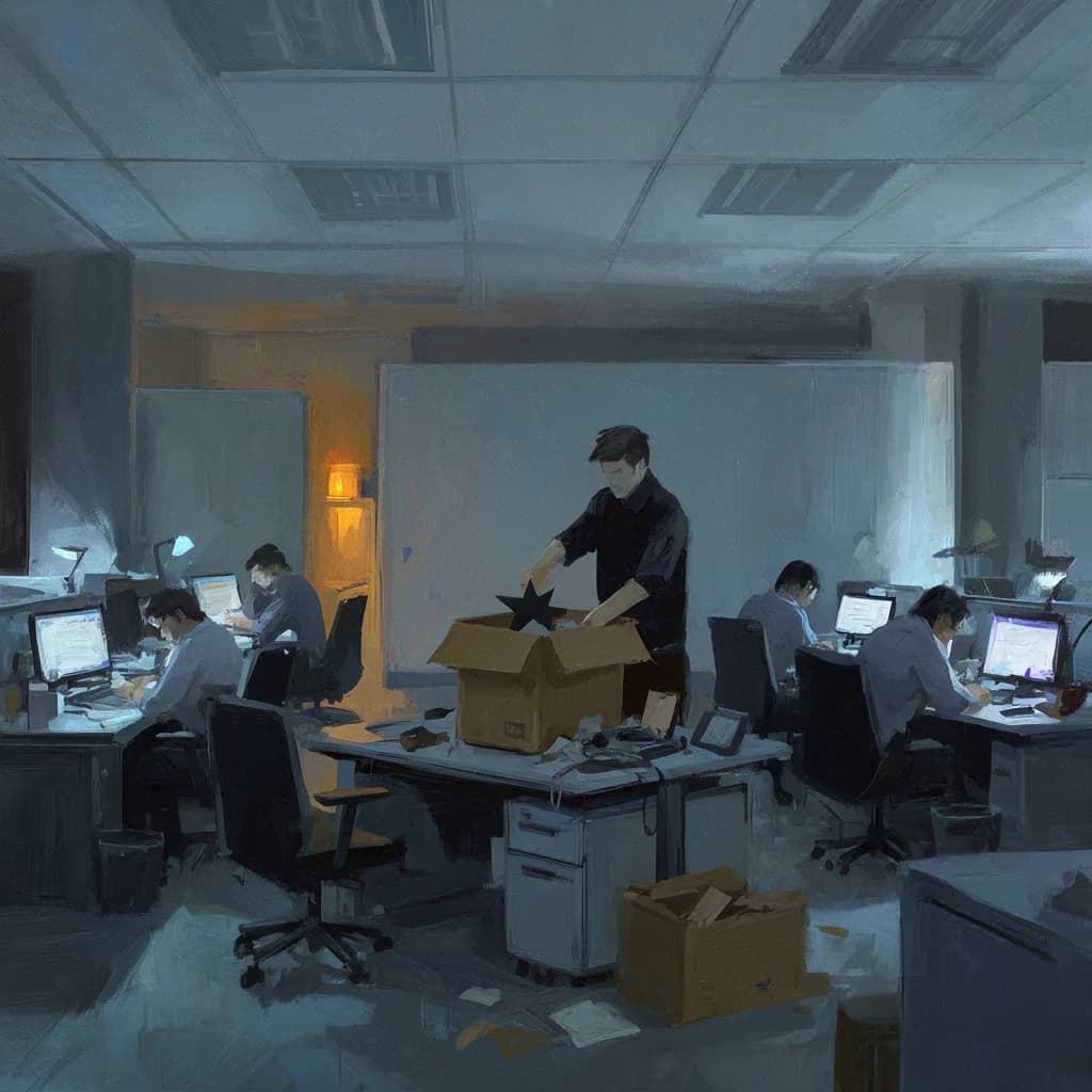a man packing a cardboard box at his desk in a half-lit open-plan office while his colleagues keep working