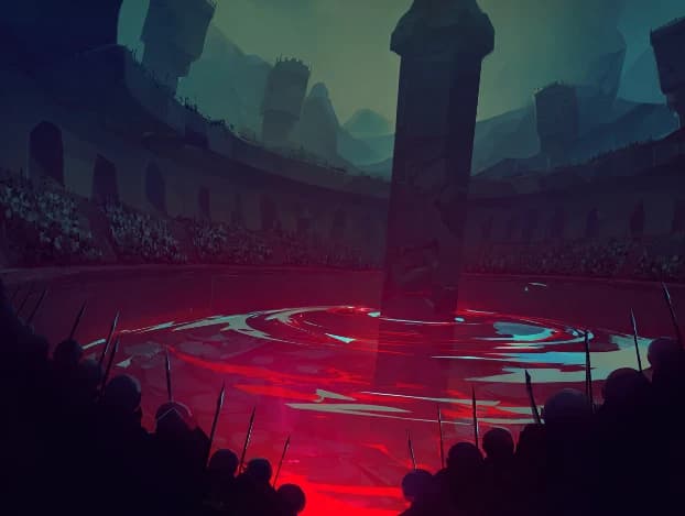 Concept: a packed amphitheatre seen from the crowd, spears raised in silhouette around a red-lit arena floor