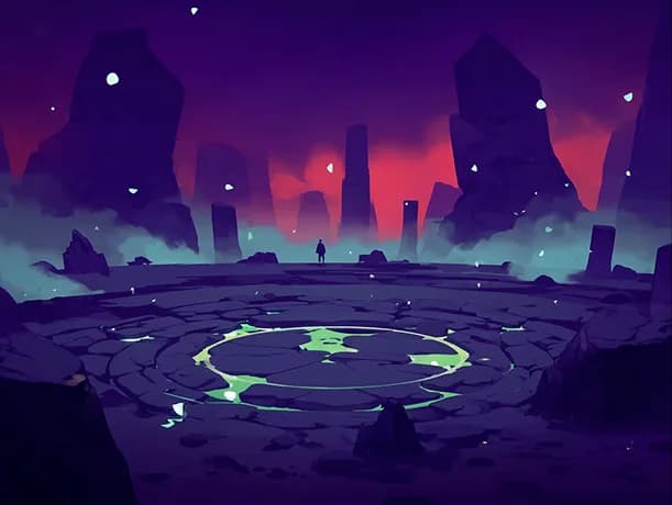 Concept: a cracked stone ring lit from beneath in green, a lone figure at its far edge under a violet sky of standing monoliths