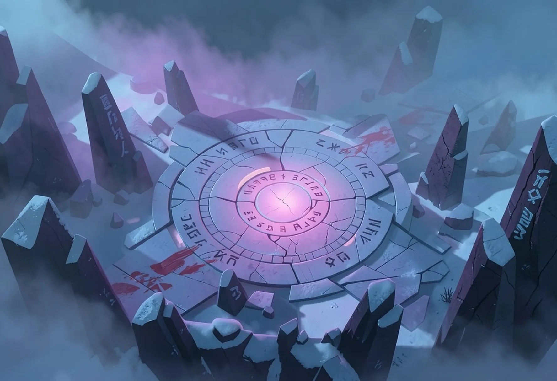 Concept: a snow-dusted stone dial carved with runes and streaked with dried blood, ringed by standing stones in pink fog