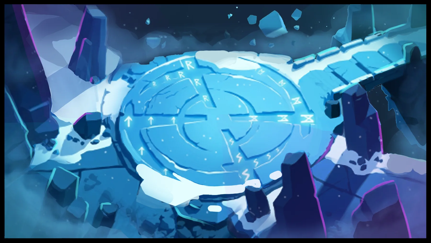 Concept: a glowing blue rune disc set into cracked ice, ringed by snow-capped monoliths under a dark sky