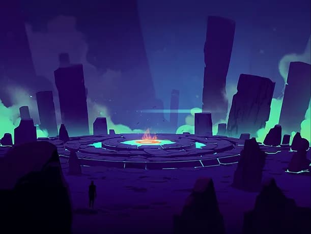 Concept: a stepped stone platform with a small fire at its centre, green mist and dark towers behind it, one figure walking toward it