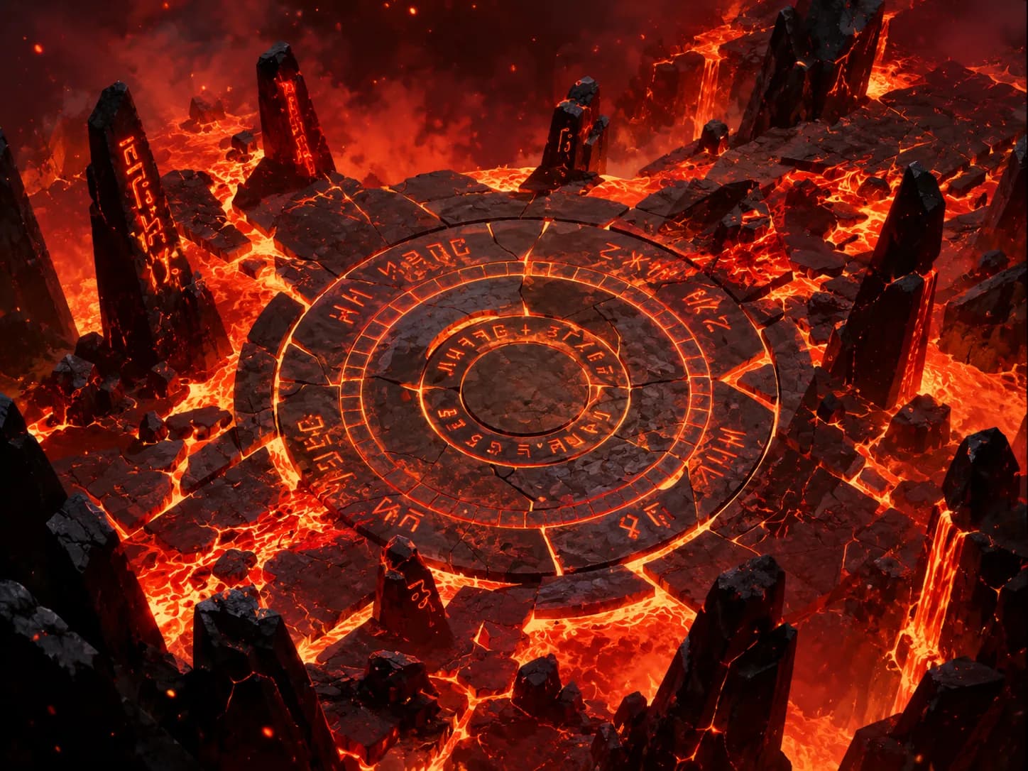Concept: the same runic dial rendered in volcanic rock, its cracks and glyphs running with lava