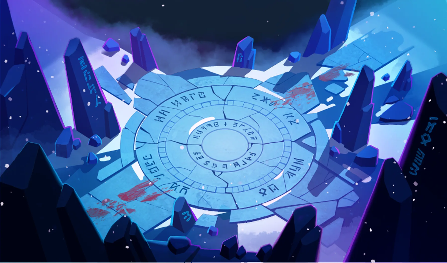 The finished arena: a pale blue runic dial cracked across its centre and spattered with blood, ringed by glowing shards of ice