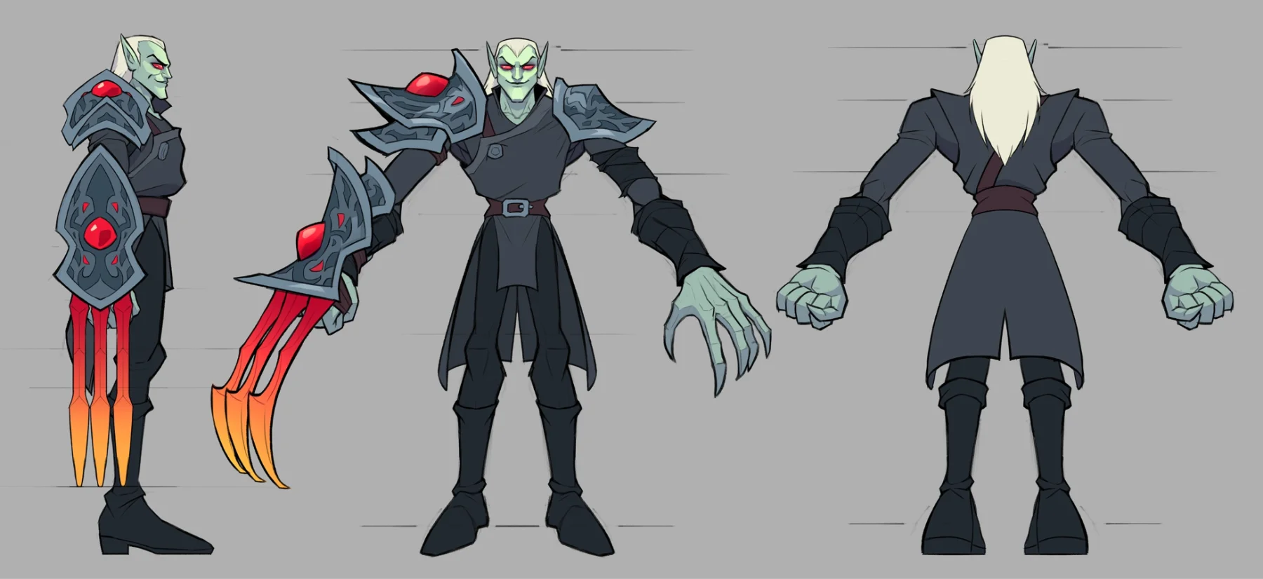 Character sheet: a pale elven vampire lord in dark robes and bladed pauldrons, shown in profile, front and back, with a clawed gauntlet study