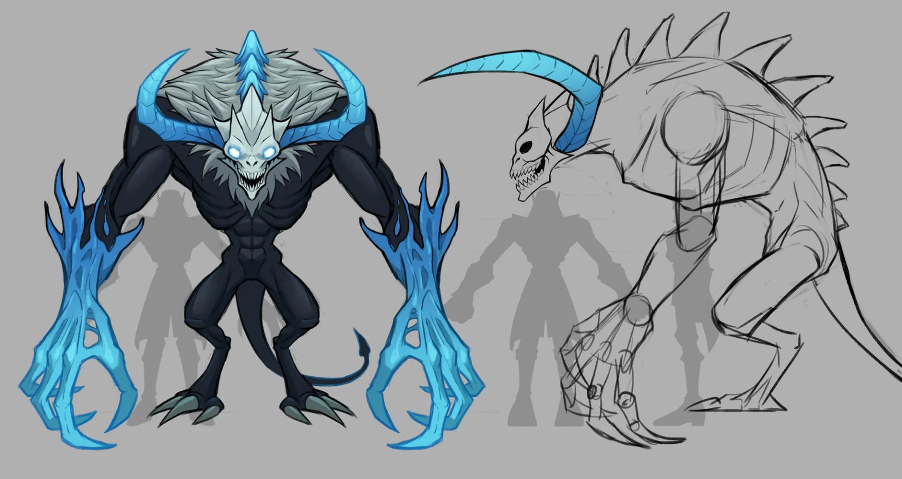 Character sheet: a horned frost demon with glowing blue eyes and branching ice claws, beside a grey construction sketch of the same creature