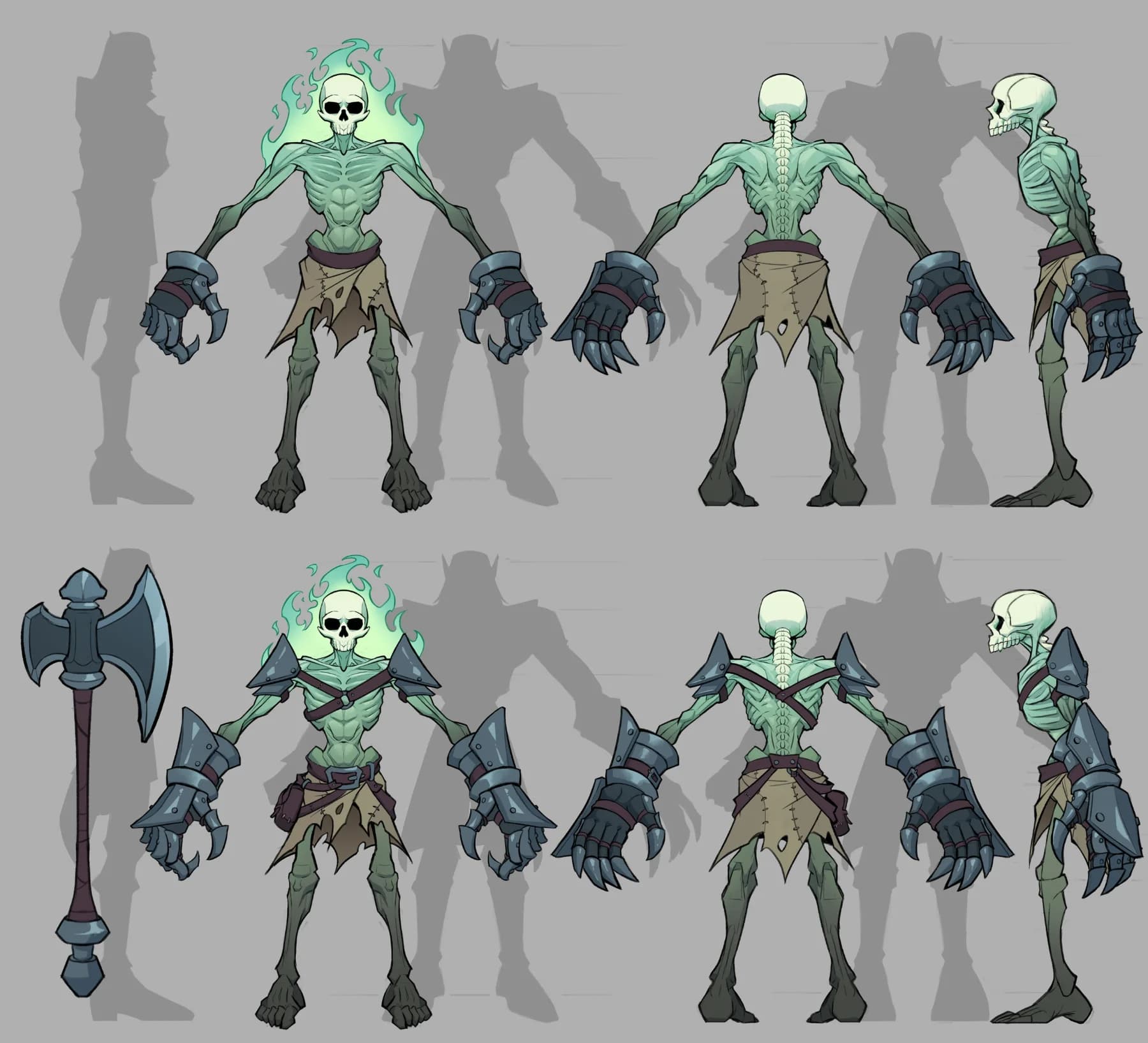 Character sheet: a green-tinged skeleton with a green-flamed skull, front, back and side, bare and armoured, with a two-handed axe
