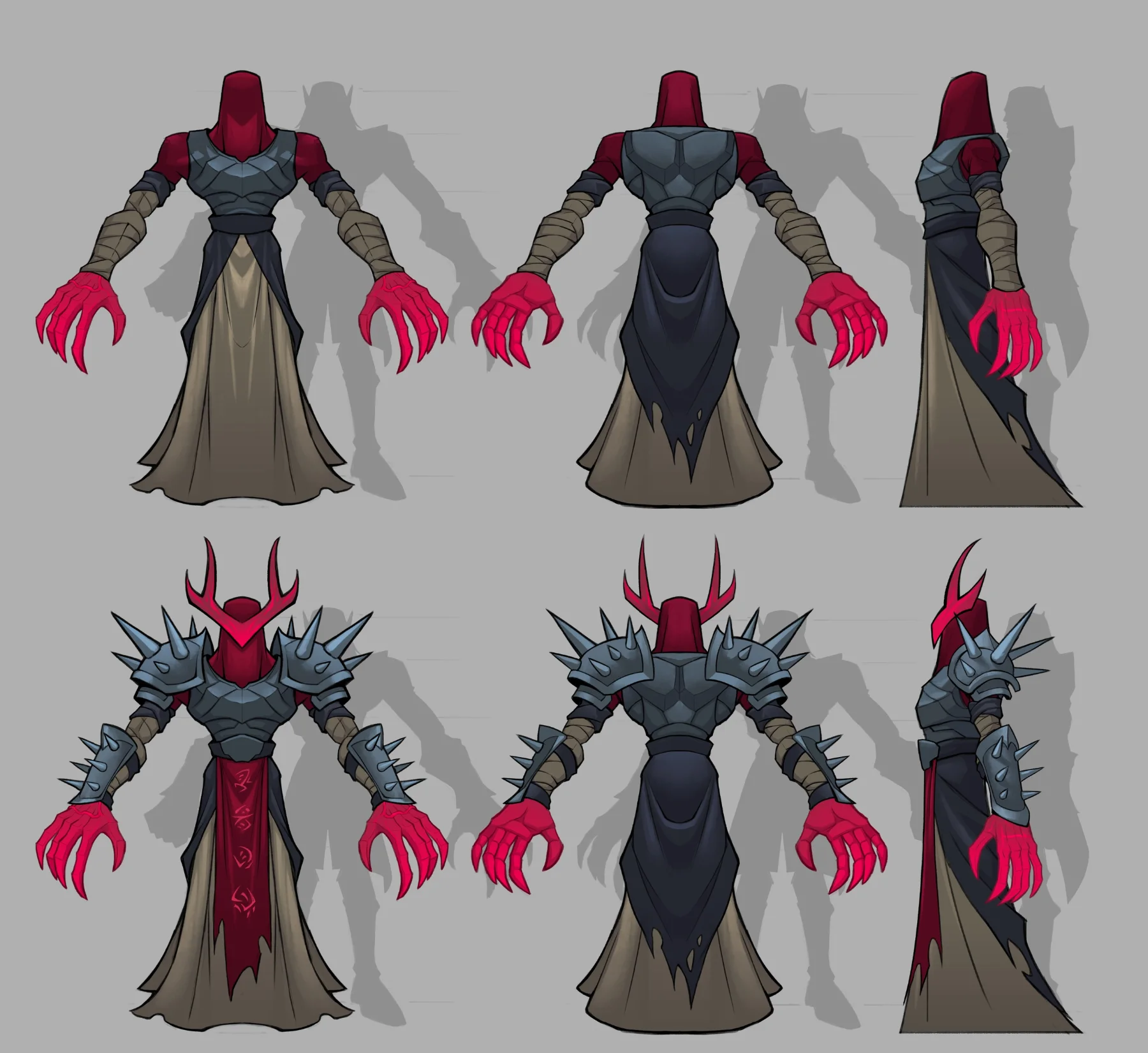 Character sheet: a faceless robed cultist with a red hood and crimson claws, front, back and side, plain and in spiked armour
