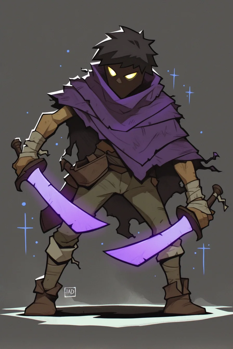 The hunter redrawn short and wide-headed, in a purple shawl with yellow eyes and two glowing violet cleavers, braced in a wide stance