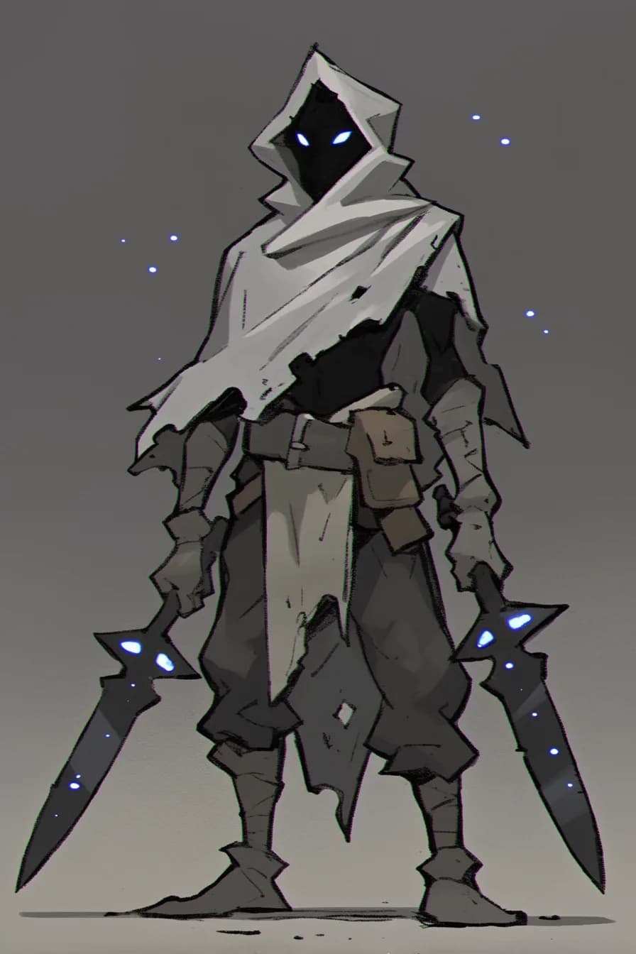 The same hunter drawn in greys and whites only, blue-white eyes and blue-lit blades against a flat grey ground