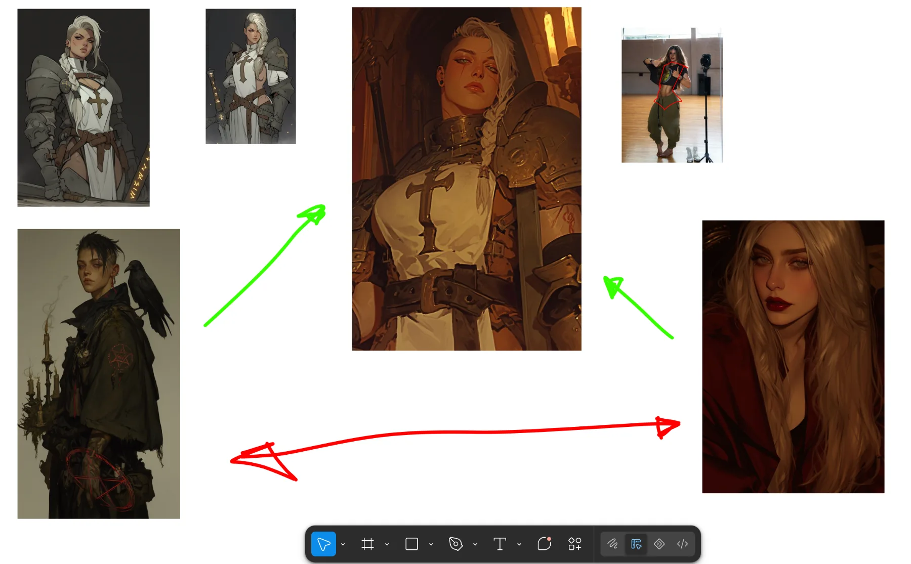 A reference board on a canvas: six pinned images of armoured and robed figures with green and red arrows drawn between them, a portrait study enlarged at the centre
