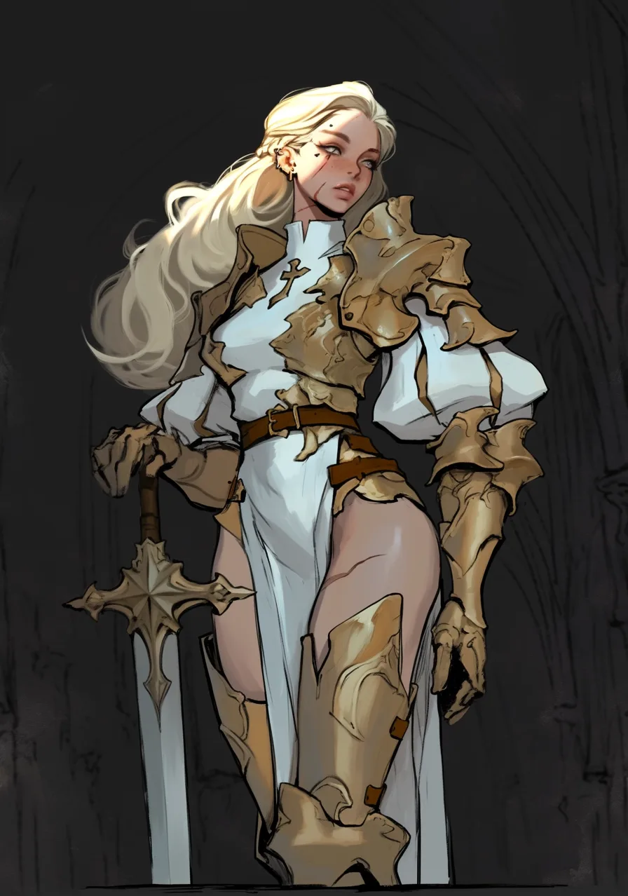 The finished knight: long blonde hair, a white tabard with a gold cross, sculpted gold pauldrons and greaves, a cross-hilted sword point-down at her side, against a near-black ground