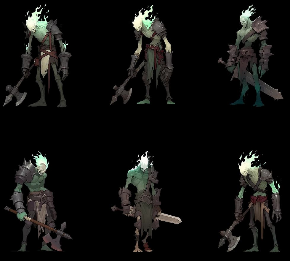 Six skeletal warriors in dark plate with green flame for hair, each holding a different axe or sword, laid out in two rows