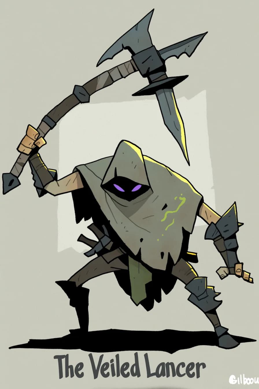 Concept art titled The Veiled Lancer: a lunging figure under a heavy stone-grey veil with violet eyes, swinging a long hooked polearm, acid-green sigils on the cloth