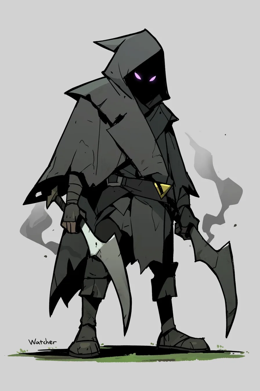 Concept art titled Watcher: a stooped figure in layered charcoal robes and a beaked hood, violet eyes, a pale curved blade in each lowered hand, smoke drifting behind