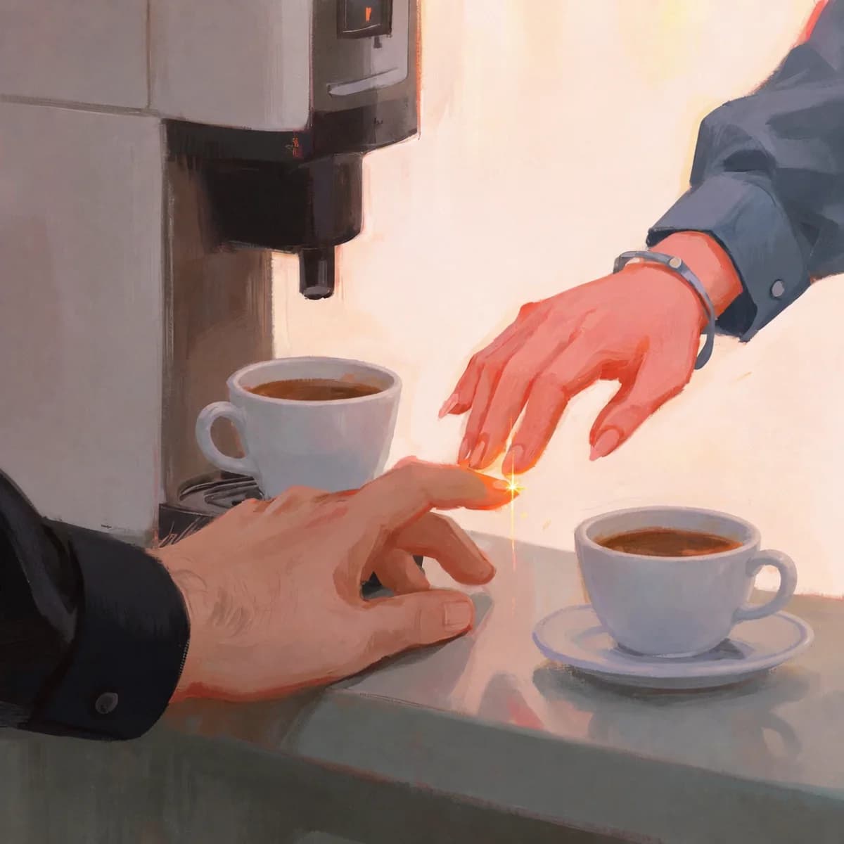 two hands reaching across a lit office counter beside a coffee machine, fingertips almost touching over a small spark of light