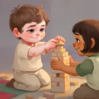two toddlers kneeling on a play mat, stacking a tower of wooden blocks together