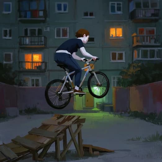 a boy riding a bicycle off a homemade plank ramp in a courtyard at dusk, lit apartment windows behind him