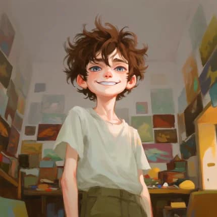 a grinning boy with tousled hair standing in a room whose walls are covered with his own small paintings