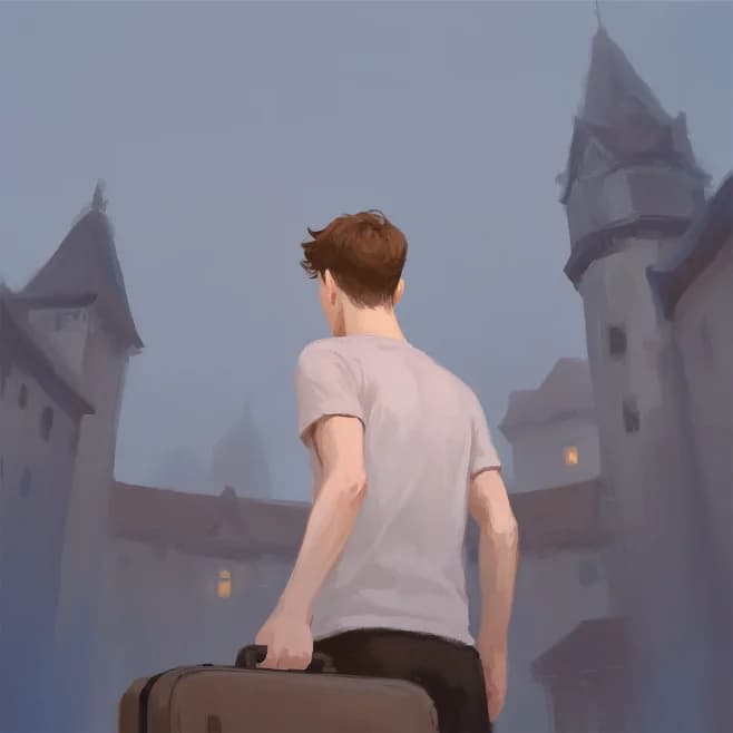 a young man seen from behind, wheeling a suitcase toward a fog-shrouded turreted building at dawn