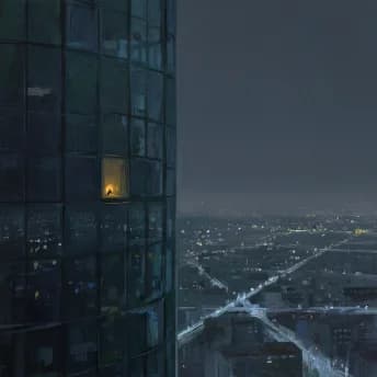 one lit window in a dark glass tower standing above a city at night