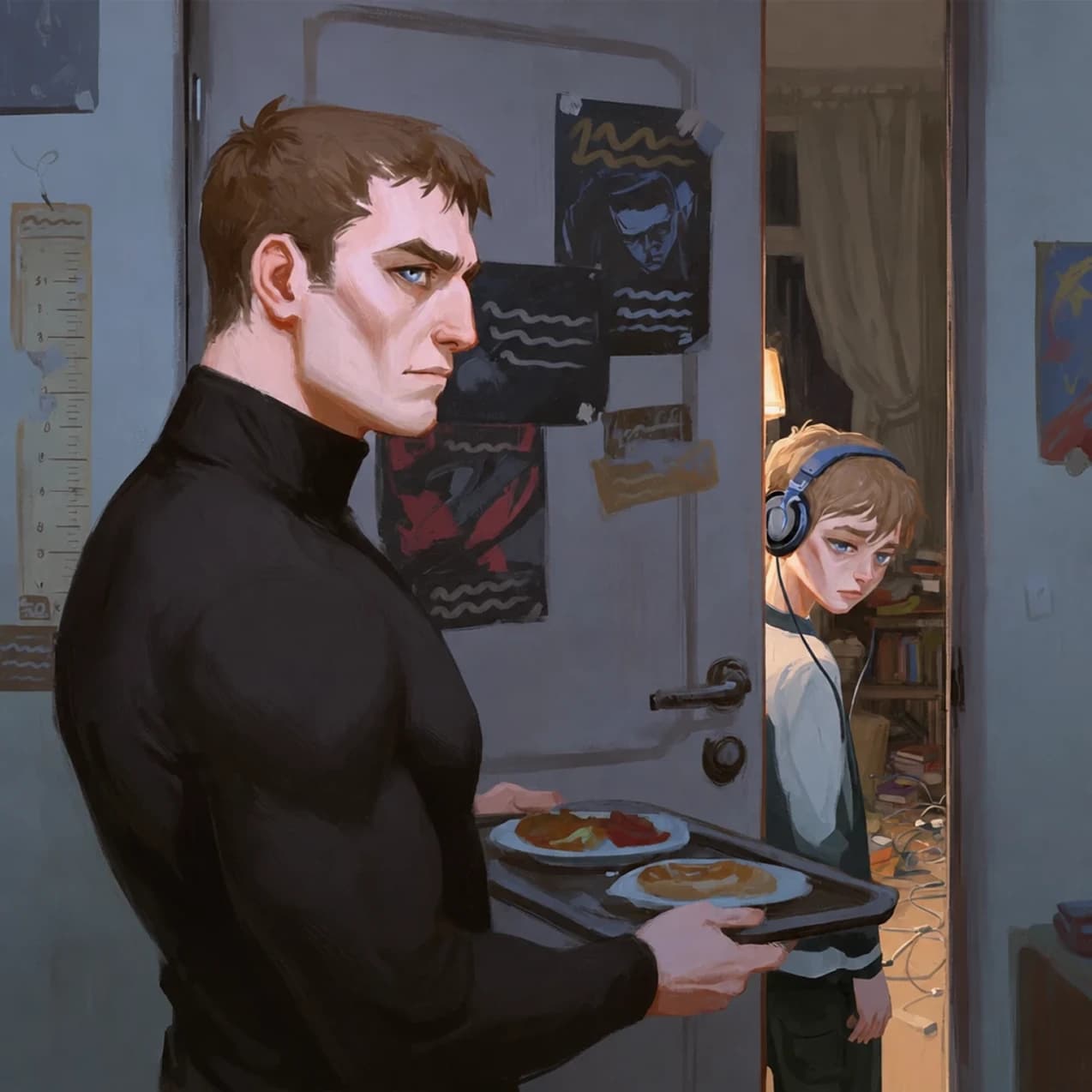 a stern man in a black turtleneck carrying a dinner tray past a bedroom doorway, where a teenager in headphones watches him go
