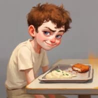 a small boy leaning on a table, smiling over a tray of food