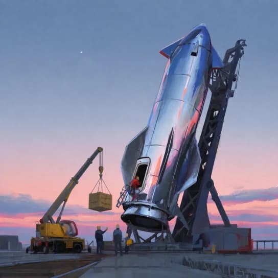 a crane and a handful of workers loading a crate into a silver rocket standing on its pad at dusk