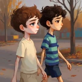 two boys walking side by side down an autumn street