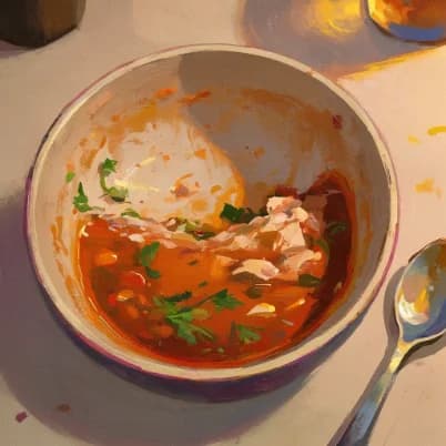 an almost empty bowl of soup on a table, a spoon beside it
