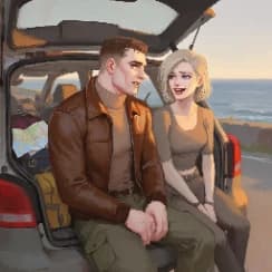 a man and a laughing woman sitting in the open boot of a car parked above the sea