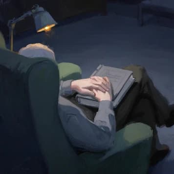 an elderly person asleep in an armchair under a reading lamp, an open book resting on their hands