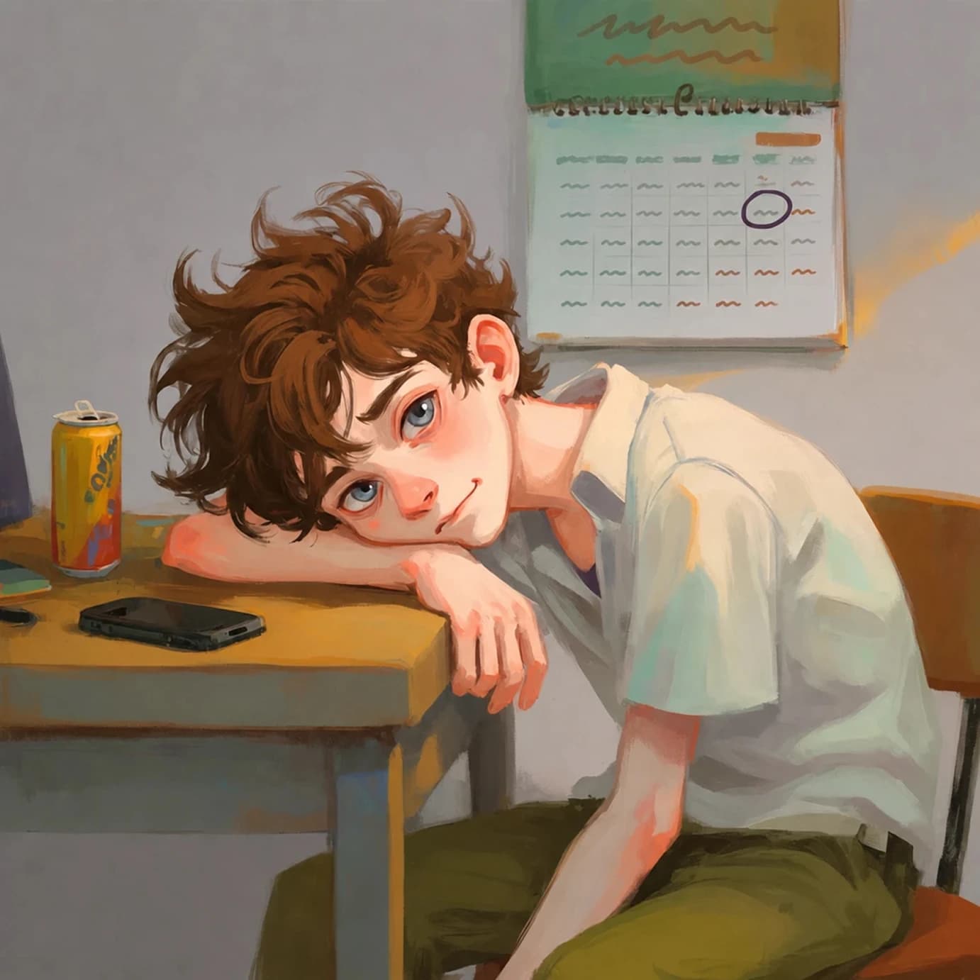 a teenager slumped over a desk with his head on his arm, phone and energy drink beside him, a date circled on the wall calendar
