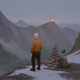 a white-haired figure in an orange jacket on a snowy ridge at sunrise, beside a stone cairn and a rucksack