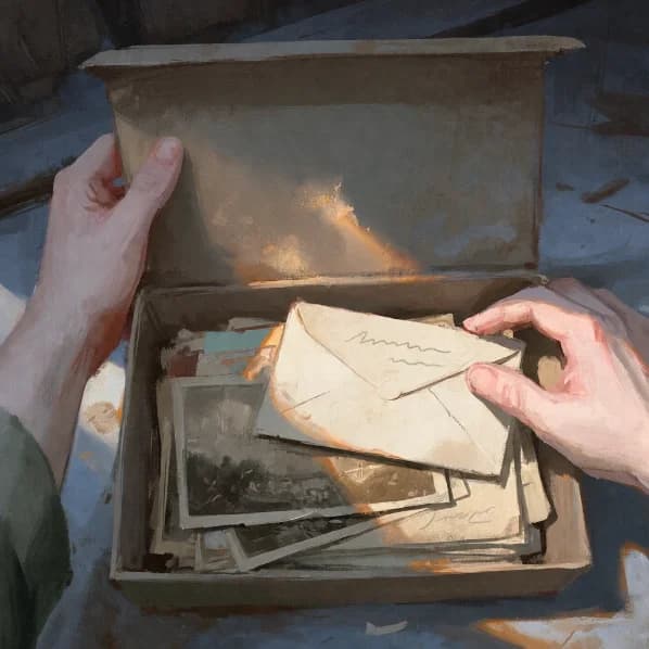 hands opening a shoebox full of old photographs and envelopes