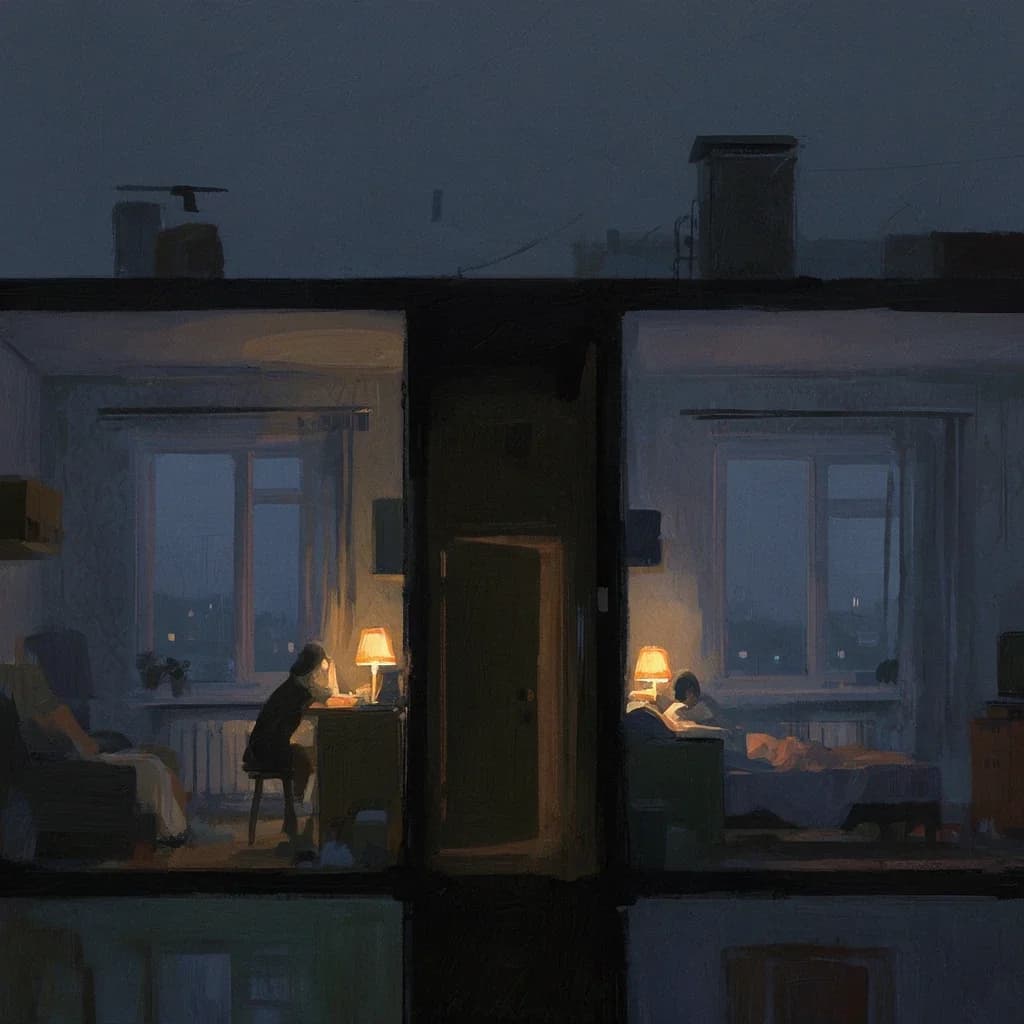 a night cutaway of two lamplit flats, one person working at a desk, another reading in bed