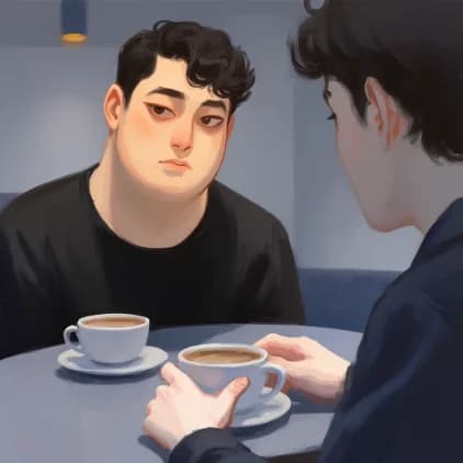 two men talking over coffee across a small cafe table