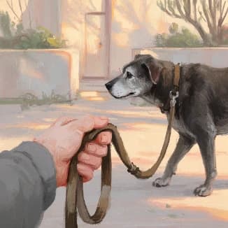 first-person view: a hand holding the lead of an old grey dog on a sunlit street
