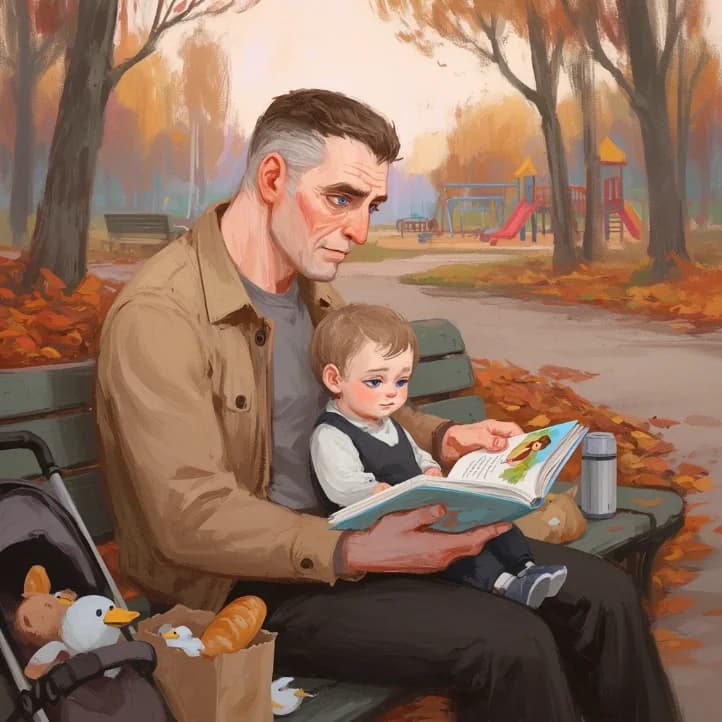 a grey-haired man reading a picture book to a toddler on a park bench in autumn, a pram beside them