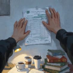 first-person view: hands flattening a printed form on a lamplit desk, coffee cups and a stack of books beside it
