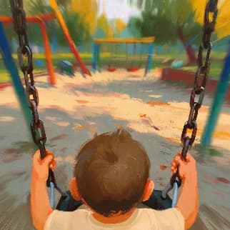 a small child on a playground swing, seen from behind