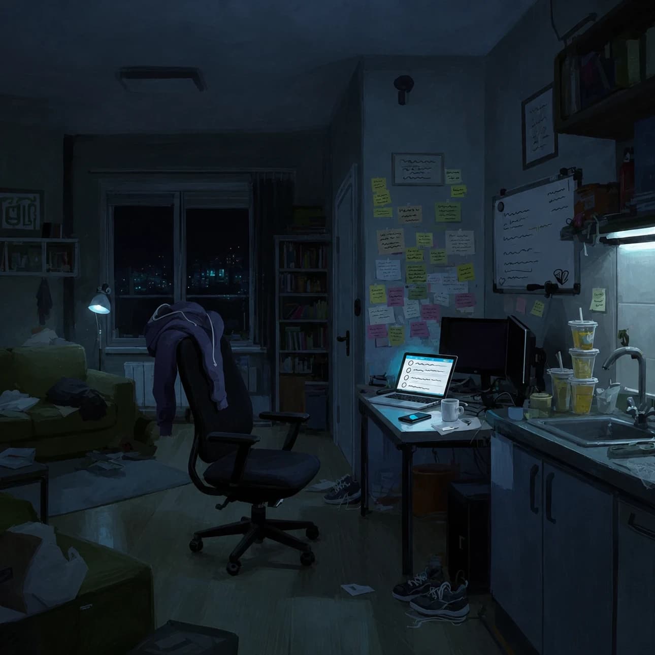 a dark one-room flat at night: a hoodie over an office chair, a laptop glowing on a desk of notes, takeaway cups by the sink