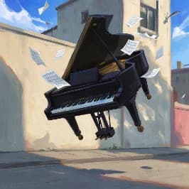 a grand piano falling past a building wall, sheet music scattering around it